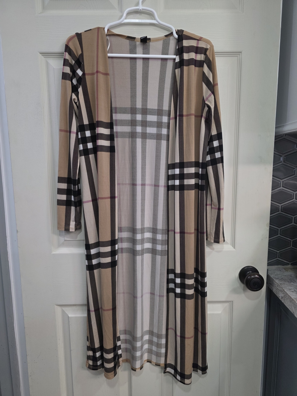 Windsor Long Open-Front Plaid Duster Cardigan in Beige and Black